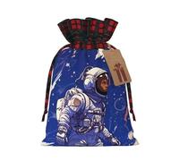Drawstring Christmas Gift Bags with Tag Small Treat Goody Bags Reusable Gift Wrapping Sacks Pouches Xmas Presents Wrapping Bag Black astronaut on blue Candy Treat Bag for Party Favors Small