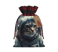 Drawstring Christmas Gift Bags with Tag Small Treat Goody Bags Reusable Gift Wrapping Sacks Pouches Xmas Presents Wrapping Bag Astronaut cat in space Candy Treat Bag for Party Favors Small