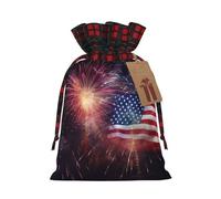 Drawstring Christmas Gift Bags with Tag Small Treat Goody Bags Reusable Gift Wrapping Sacks Pouches Xmas Presents Wrapping Bag Firework American Flag 4Th of July Candy Treat Bag for Party Favors Small