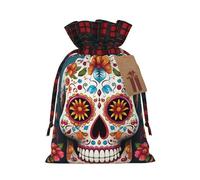 Drawstring Christmas Gift Bags with Tag Small Treat Goody Bags Reusable Gift Wrapping Sacks Pouches Xmas Presents Wrapping Bag Colorful Sugar Skull Candy Treat Bag for Party Favors Medium