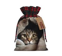 Drawstring Christmas Gift Bags with Tag Small Treat Goody Bags Reusable Gift Wrapping Sacks Pouches Xmas Presents Wrapping Bag Cat Under Blanket Candy Treat Bag for Party Favors Medium