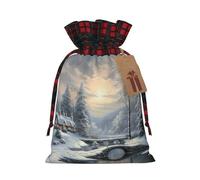 Drawstring Christmas Gift Bags with Tag Small Treat Goody Bags Reusable Gift Wrapping Sacks Pouches Xmas Presents Wrapping Bag Winter Snow Scene Candy Treat Bag for Party Favors Medium