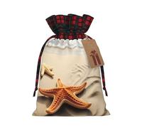 Drawstring Christmas Gift Bags with Tag Small Treat Goody Bags Reusable Gift Wrapping Sacks Pouches Xmas Presents Wrapping Bag Starfish on The Sand Beach Landscape Candy Treat Bag for Party Favors