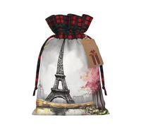 Drawstring Christmas Gift Bags with Tag Small Treat Goody Bags Reusable Gift Wrapping Sacks Pouches Xmas Presents Wrapping Bag Oil Painting Paris Eiffel Tower Candy Treat Bag for Party Favors Small