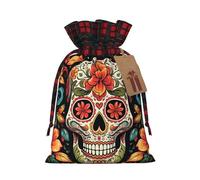 Drawstring Christmas Gift Bags with Tag Small Treat Goody Bags Reusable Gift Wrapping Sacks Pouches Xmas Presents Wrapping Bag Colorful Sugar Skull Candy Treat Bag for Party Favors Small