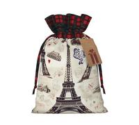 Drawstring Christmas Gift Bags with Tag Small Treat Goody Bags Reusable Gift Wrapping Sacks Pouches Xmas Presents Wrapping Bag French Paris Tour Eiffel Tower Candy Treat Bag for Party Favors Small