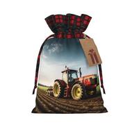 Drawstring Christmas Gift Bags with Tag Small Treat Goody Bags Reusable Gift Wrapping Sacks Pouches Xmas Presents Wrapping Bag Tractor farm Candy Treat Bag for Party Favors Medium