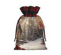 Drawstring Christmas Gift Bags with Tag Small Treat Goody Bags Reusable Gift Wrapping Sacks Pouches Xmas Presents Wrapping Bag Christmas Wood Candy Treat Bag for Party Favors Medium