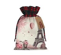 Drawstring Christmas Gift Bags with Tag Small Treat Goody Bags Reusable Gift Wrapping Sacks Pouches Xmas Presents Wrapping Bag Romantic Paris Eiffel Tower Bycicle Candy Treat Bag for Party Favors