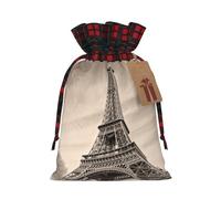Drawstring Christmas Gift Bags with Tag Small Treat Goody Bags Reusable Gift Wrapping Sacks Pouches Xmas Presents Wrapping Bag Eiffel Tower Pattern Candy Treat Bag for Party Favors Medium