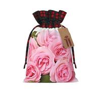Drawstring Christmas Gift Bags with Tag Small Treat Goody Bags Reusable Gift Wrapping Sacks Pouches Xmas Presents Wrapping Bag Fresh Roses Candy Treat Bag for Party Favors Small