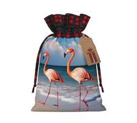 Drawstring Christmas Gift Bags with Tag Small Treat Goody Bags Reusable Gift Wrapping Sacks Pouches Xmas Presents Wrapping Bag Flamingo Walking on The Beach Candy Treat Bag for Party Favors Medium