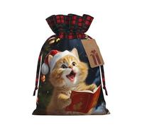Drawstring Christmas Gift Bags with Tag Small Treat Goody Bags Reusable Gift Wrapping Sacks Pouches Xmas Presents Wrapping Bag Cute Cat Sing Christmas Carols Candy Treat Bag for Party Favors Medium