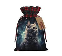 Drawstring Christmas Gift Bags with Tag Small Treat Goody Bags Reusable Gift Wrapping Sacks Pouches Xmas Presents Wrapping Bag A cat in a nebula Candy Treat Bag for Party Favors Small