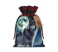 Drawstring Christmas Gift Bags with Tag Small Treat Goody Bags Reusable Gift Wrapping Sacks Pouches Xmas Presents Wrapping Bag wolf under moon Candy Treat Bag for Party Favors Medium