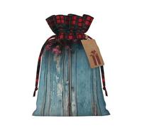 Drawstring Christmas Gift Bags with Tag Small Treat Goody Bags Reusable Gift Wrapping Sacks Pouches Xmas Presents Wrapping Bag Vintage Blue Wood Candy Treat Bag for Party Favors Small