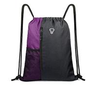 Drawstring Gym Backpack for Teens - PE String Swim Bag With Zipper and Mesh Pockets - Large Sport Travel Beach Pack for Men Women Unisex - Black & Purple