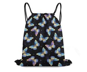 Drawstring Gym Bag, Unisex Swimming Backpack, Pueple Blue Butterfly, Premium String Sackpack For Teenager, Activities, Yoga, 36X42cm