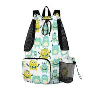 Drawstring Gym Bags Sport Gym Sackpack With Water Bottle Holder Cinch Bags Wet and Dry Separation Cute Little Monsters Green Yellow