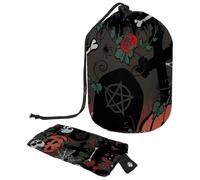 Drawstring Makeup Bag, Barrel Shaped Travel Cosmetic Bag Make up Bags, Foldable Toiletry Organizer Storage Pocket for Women&Girls - Halloween Skull Pumpkin Black Cat Grave