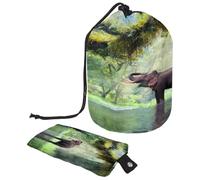 Drawstring Makeup Bag, Barrel Shaped Travel Cosmetic Bag Make up Bags, Foldable Toiletry Organizer Storage Pocket for Women&Girls - Beautiful Forest Green Elephant River Water