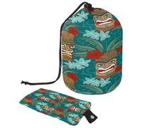 Drawstring Makeup Bag, Barrel Shaped Travel Cosmetic Bag Make up Bags, Foldable Toiletry Organizer Storage Pocket for Women&Girls - Vintage Aloha Tiki Icons