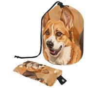 Drawstring Makeup Bag, Barrel Shaped Travel Cosmetic Bag Make up Bags, Foldable Toiletry Organizer Storage Pocket for Women&Girls - Two Corgis and Footprints