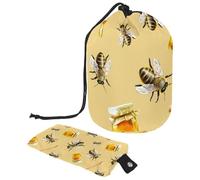 Drawstring Makeup Bag, Barrel Shaped Travel Cosmetic Bag Make up Bags, Foldable Toiletry Organizer Storage Pocket for Women&Girls - Watercolor Bees and Honey Jars