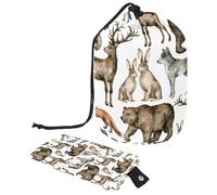 Drawstring Makeup Bag, Barrel Shaped Travel Cosmetic Bag Make up Bags, Foldable Toiletry Organizer Storage Pocket for Women&Girls - Forest Animals Bear Deer Wolf Fox Hare