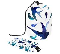 Drawstring Makeup Bag, Barrel Shaped Travel Cosmetic Bag Make up Bags, Foldable Toiletry Organizer Storage Pocket for Women&Girls - Watercolor Swallows and Feathers