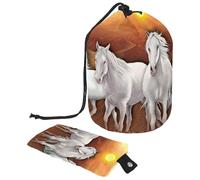 Drawstring Makeup Bag, Barrel Shaped Travel Cosmetic Bag Make up Bags, Foldable Toiletry Organizer Storage Pocket for Women&Girls - Oil Painting Horses Gallop on Sunset