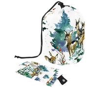 Drawstring Makeup Bag, Barrel Shaped Travel Cosmetic Bag Make up Bags, Foldable Toiletry Organizer Storage Pocket for Women&Girls - Winter Forest Bird Deer Wooden Lodge