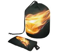 Drawstring Makeup Bag, Barrel Shaped Travel Cosmetic Bag Make up Bags, Foldable Toiletry Organizer Storage Pocket for Women&Girls - Burning Basketball Illustration Print