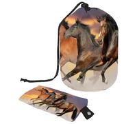 Drawstring Makeup Bag, Barrel Shaped Travel Cosmetic Bag Make up Bags, Foldable Toiletry Organizer Storage Pocket for Women&Girls - Three Horse Gallop in Desert Dust