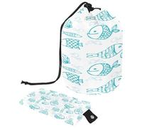 Drawstring Makeup Bag, Barrel Shaped Travel Cosmetic Bag Make up Bags, Foldable Toiletry Organizer Storage Pocket for Women&Girls - Blue Hand Drawn Fish Pattern Swim