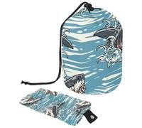 Drawstring Makeup Bag, Barrel Shaped Travel Cosmetic Bag Make up Bags, Foldable Toiletry Organizer Storage Pocket for Women&Girls - Dangerous Sharks on Waves Ocean