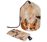 Drawstring Makeup Bag, Barrel Shaped Travel Cosmetic Bag Make up Bags, Foldable Toiletry Organizer Storage Pocket for Women&Girls - Corgis Pawprints on Grunge