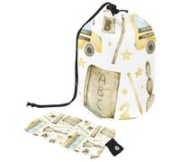 Drawstring Makeup Bag, Barrel Shaped Travel Cosmetic Bag Make up Bags, Foldable Toiletry Organizer Storage Pocket for Women&Girls - School Bus Ruler Textbook Pencil and Letters