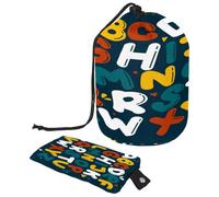 Drawstring Makeup Bag, Barrel Shaped Travel Cosmetic Bag Make up Bags, Foldable Toiletry Organizer Storage Pocket for Women&Girls - Dark Green English Capital Letters Alphabet