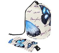 Drawstring Makeup Bag, Barrel Shaped Travel Cosmetic Bag Make up Bags, Foldable Toiletry Organizer Storage Pocket for Women&Girls - Blue Butterfly on Written Text Note