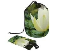 Drawstring Makeup Bag, Barrel Shaped Travel Cosmetic Bag Make up Bags, Foldable Toiletry Organizer Storage Pocket for Women&Girls - Blossoming White Lotus
