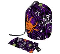 Drawstring Makeup Bag, Barrel Shaped Travel Cosmetic Bag Make up Bags, Foldable Toiletry Organizer Storage Pocket for Women&Girls - Halloween Spider and Web