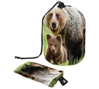 Drawstring Makeup Bag, Barrel Shaped Travel Cosmetic Bag Make up Bags, Foldable Toiletry Organizer Storage Pocket for Women&Girls - Brown Bear and Two Cubs