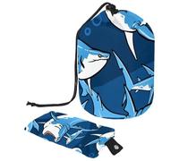 Drawstring Makeup Bag, Barrel Shaped Travel Cosmetic Bag Make up Bags, Foldable Toiletry Organizer Storage Pocket for Women&Girls - Fiercely Sharks on Dark Blue