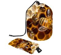 Drawstring Makeup Bag, Barrel Shaped Travel Cosmetic Bag Make up Bags, Foldable Toiletry Organizer Storage Pocket for Women&Girls - Honey Bee on The Honeycomb
