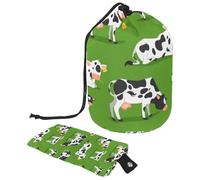 Drawstring Makeup Bag, Barrel Shaped Travel Cosmetic Bag Make up Bags, Foldable Toiletry Organizer Storage Pocket for Women&Girls - Cows and Calfs Grazing at The Meadow