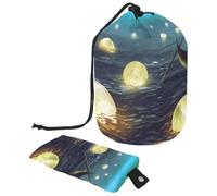 Drawstring Makeup Bag, Barrel Shaped Travel Cosmetic Bag Make up Bags, Foldable Toiletry Organizer Storage Pocket for Women&Girls - Glooming Moons Floating on The Sea