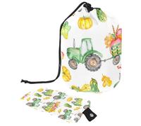 Drawstring Makeup Bag, Barrel Shaped Travel Cosmetic Bag Make up Bags, Foldable Toiletry Organizer Storage Pocket for Women&Girls - Harvest Pumpkin Apple Green Tractor