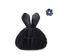 Drawstring Makeup Bag - Lazy Cosmetic Bag Velvet Drawstring Travel Cosmetic Bag Portable Travel Makeup Pouch Magic Toiletry Bag for Womens Girls (Velvet Black)