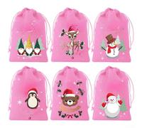 Drawstring Present Bags 6 Pack for Holiday Parties with Flannel Linen Fabric, Suitable for Storing Treats, Presents, and Decorations (B)